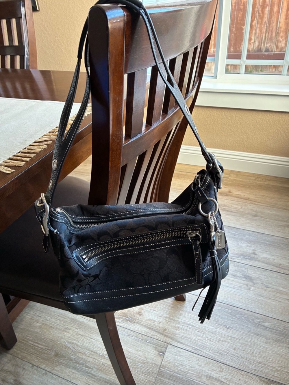 Coach Black Signature Jacquard Shoulder Bag with Tassel